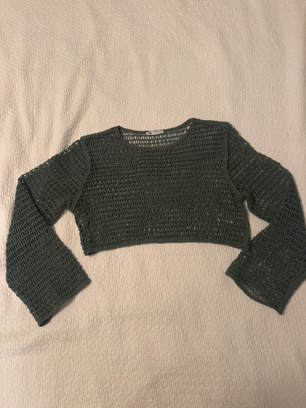 Zara Crochet Long-Sleeve Crop Top - Dark Green - Size Medium